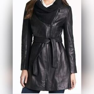 Elie Tahari Alexandra Designer Lambskin Leather Coat Black Belted Jacket Coat XS